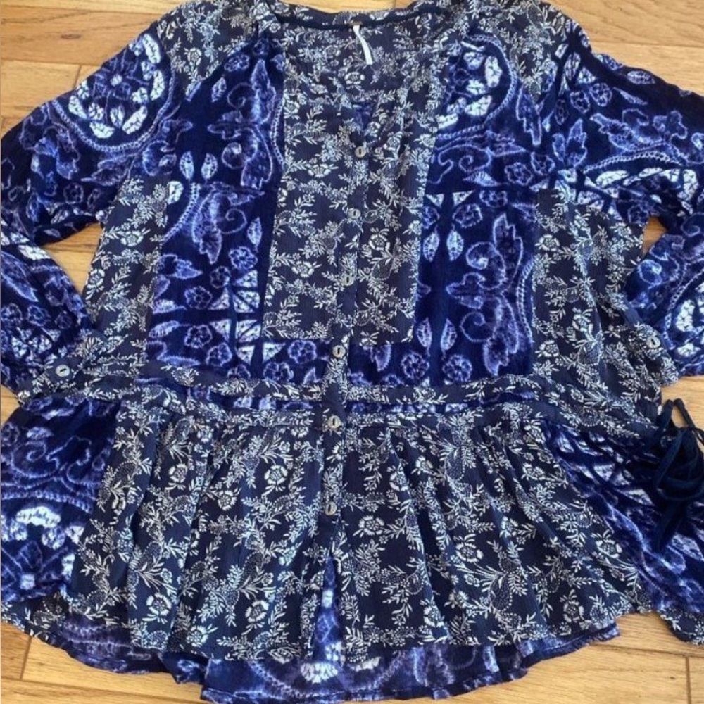 Free People, women's floral patchwork boho hippie long sleeve blouse size small